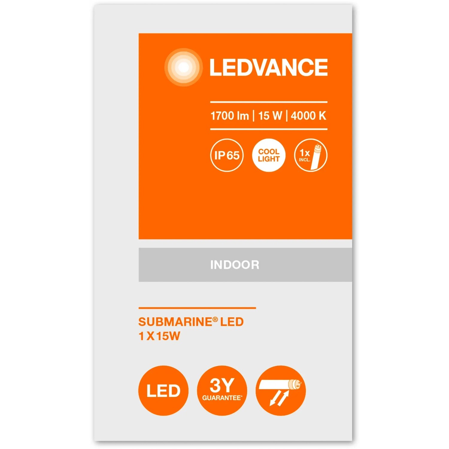 Verpackung der Ledvance LED-Feuchtraumleuchte Submarine, 126cm, kaltweiß, mit technischen Daten.