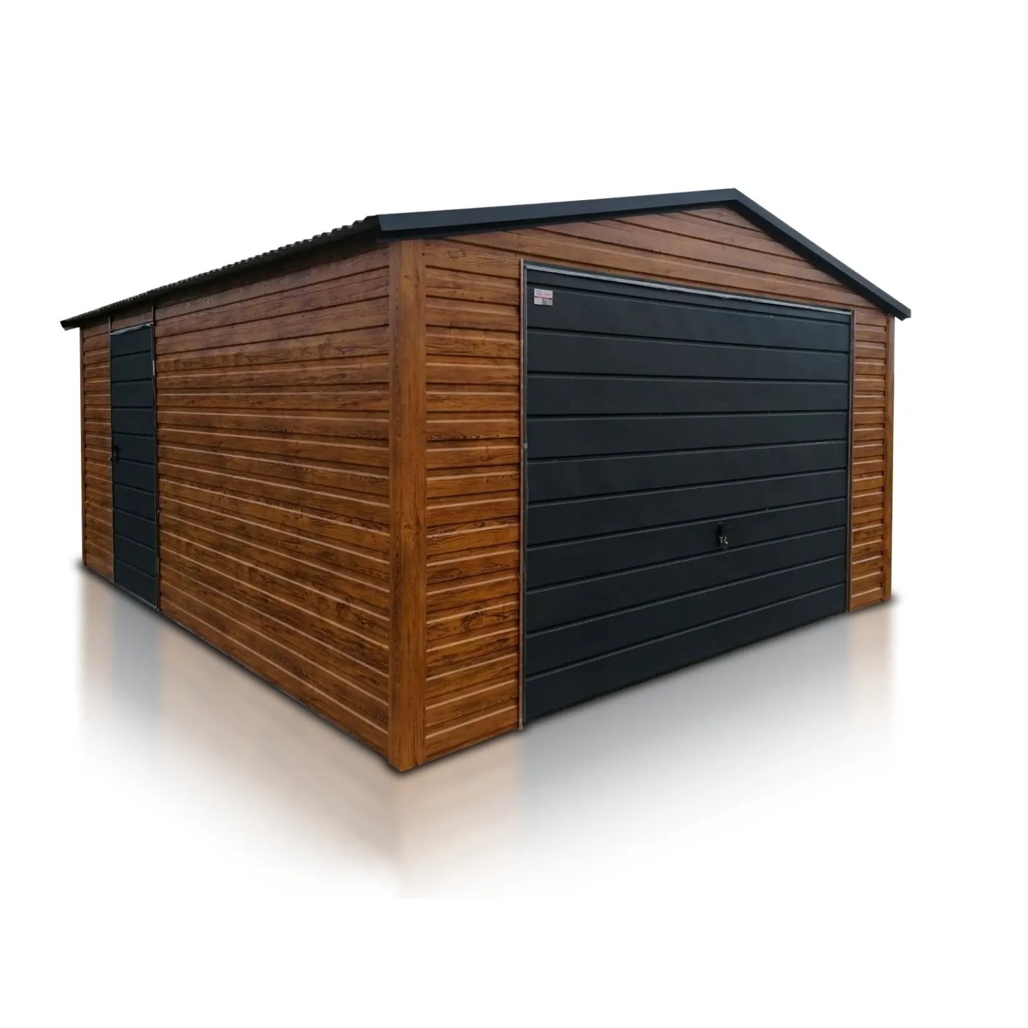 Liderstal Einzelgarage Basic aus Blech 400 x 500 cm Satteldach Schwingtor Holzoptik Goldene Eiche mit Tor in Graphit