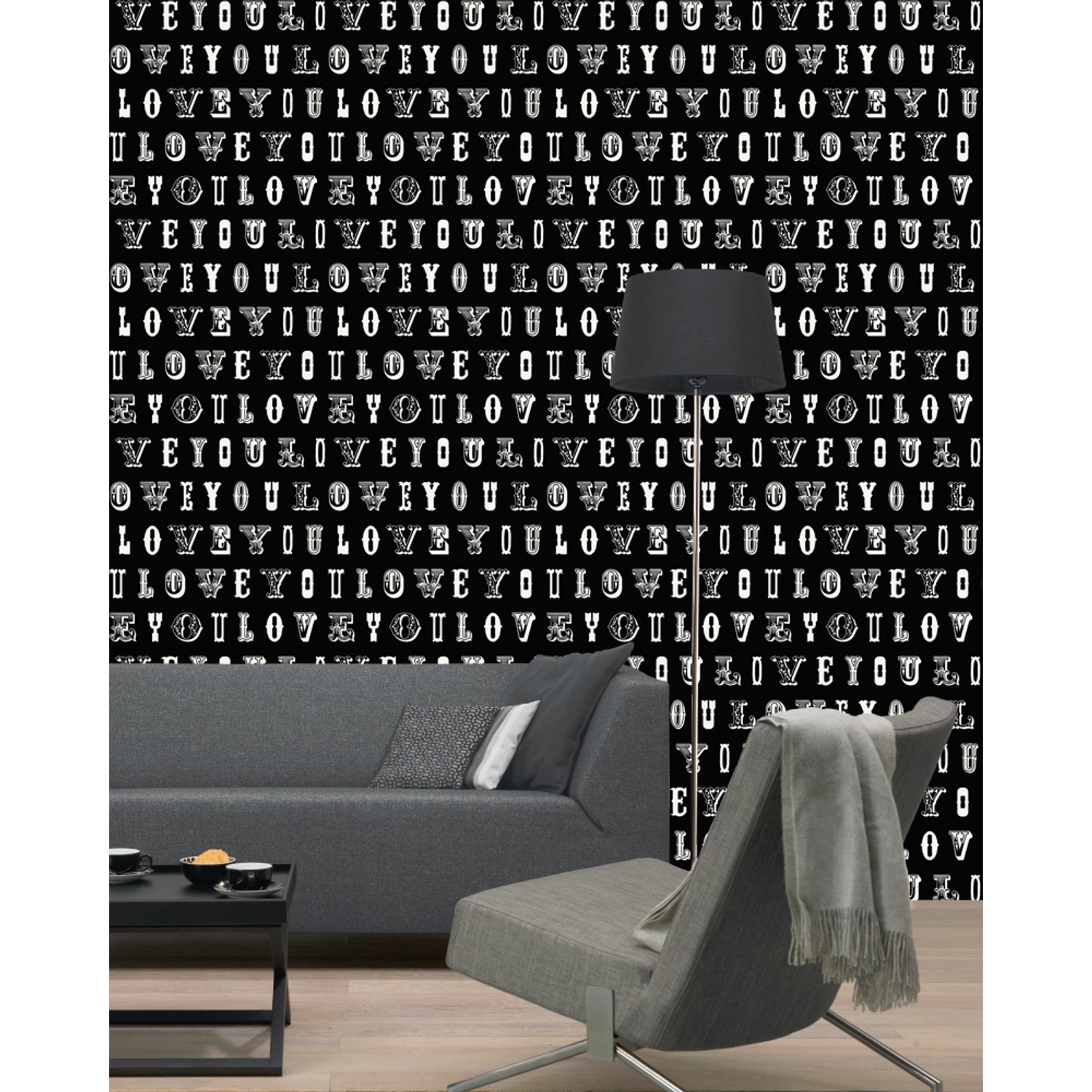 ESTAhome Vliestapete Love You, schwarz-weiß mit Schriftzug, für moderne Wandgestaltung.