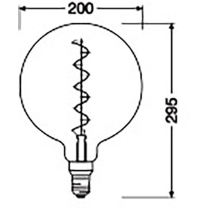 Technische Zeichnung: Osram LED E27 Globe, 29,5 x 20 cm, Maße der Glühbirne.