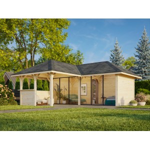 Palmako Pavillon Bianca Set 222, lackiert weiß, mit Schiebetüren und Tresenanlage im Garten.