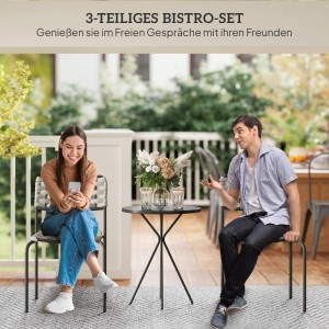 Graues 3-teiliges Polyrattan Gartenmöbel Set für 2 Personen mit Tisch und Stühlen.