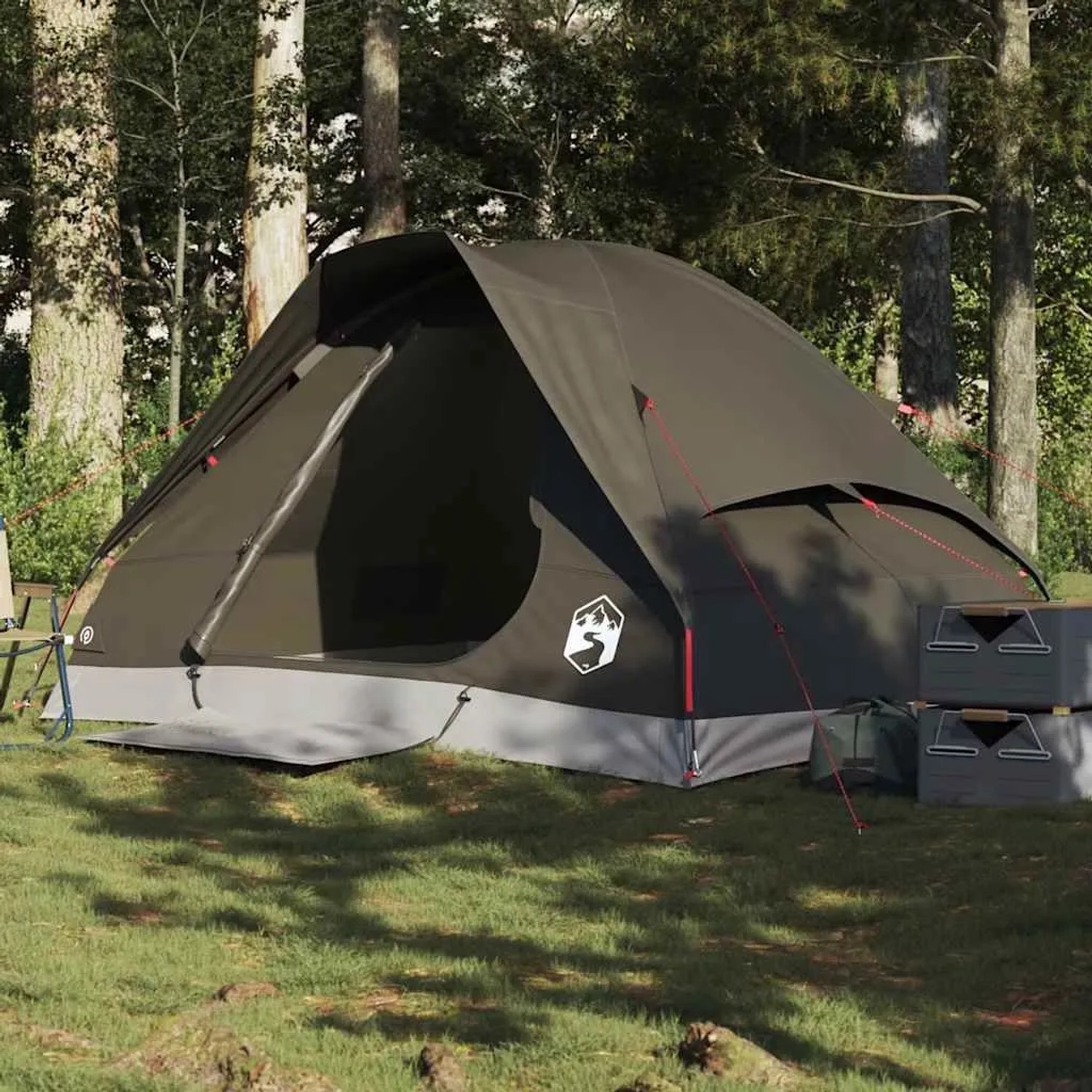 Braunes vidaXL Kuppel-Campingzelt für 2 Personen im Wald. Wasserdichtes Zelt mit offenem Eingang, ideal für Outdoor-Abenteuer.