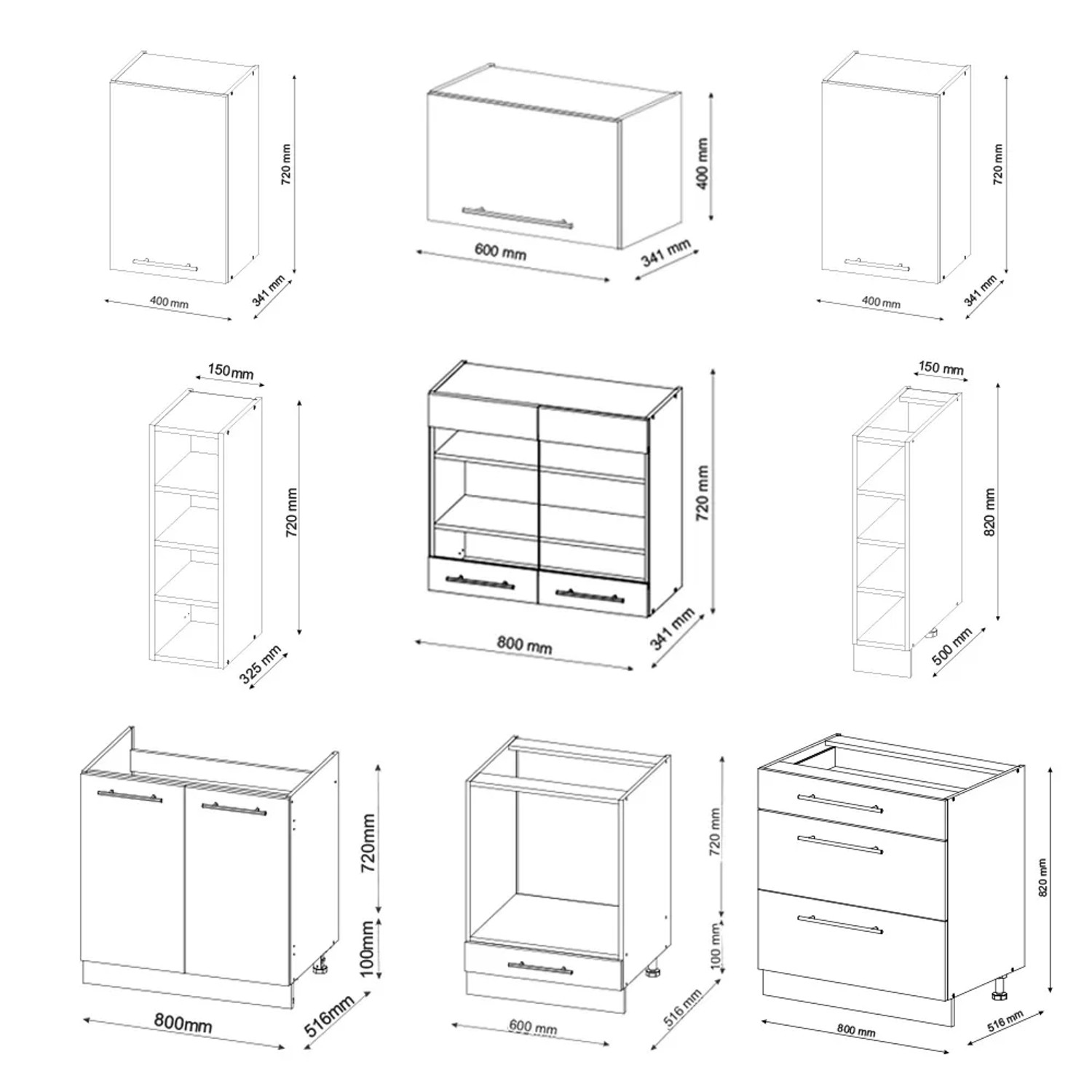 Skizze der Vicco Fame-Line Küchenzeile 235 cm in Anthrazit/Eiche, ohne Arbeitsplatte, mit Maßangaben.