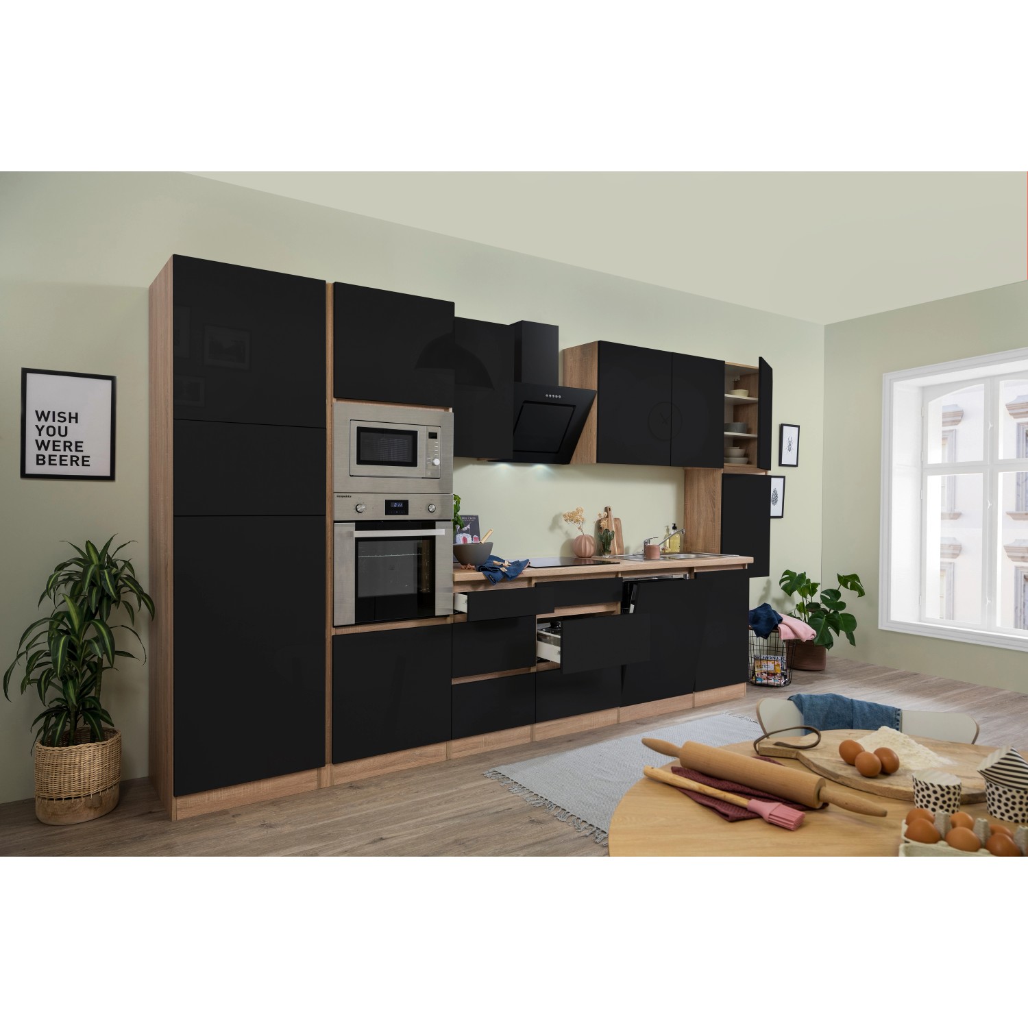 Respekta Premium Küchenzeile/Küchenblock Grifflos 395 cm Schwarz Hochglanz-Eiche Sägerau