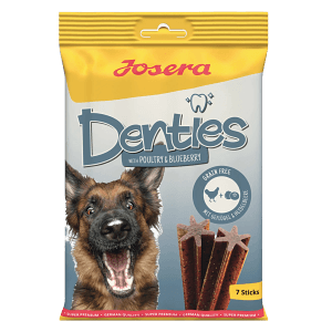 Josera Denties Hunde-Zahnpflegesnacks mit Geflügel & Blaubeere, 180g Packung.