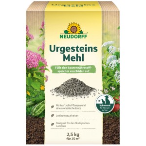 Neudorff UrgesteinsMehl 2,5kg Packung, zeigt Gesteinsmehl auf Erde, umgeben von Blumen und Gemüse für Pflanzen.