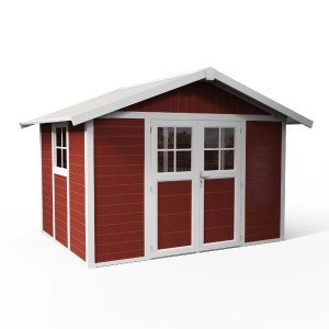 Rotes Grosfillex Kunststoff-Gartenhaus Deco H 7.5 mit Doppeltür und Fenster.
