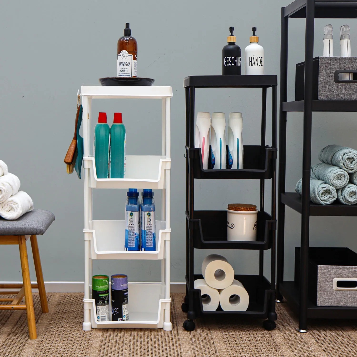 MAKLIK Küchenrollwagen 2er Set, schwarz und weiß, mit je 4 Ablagekörben. Ideal für Küche und Bad.