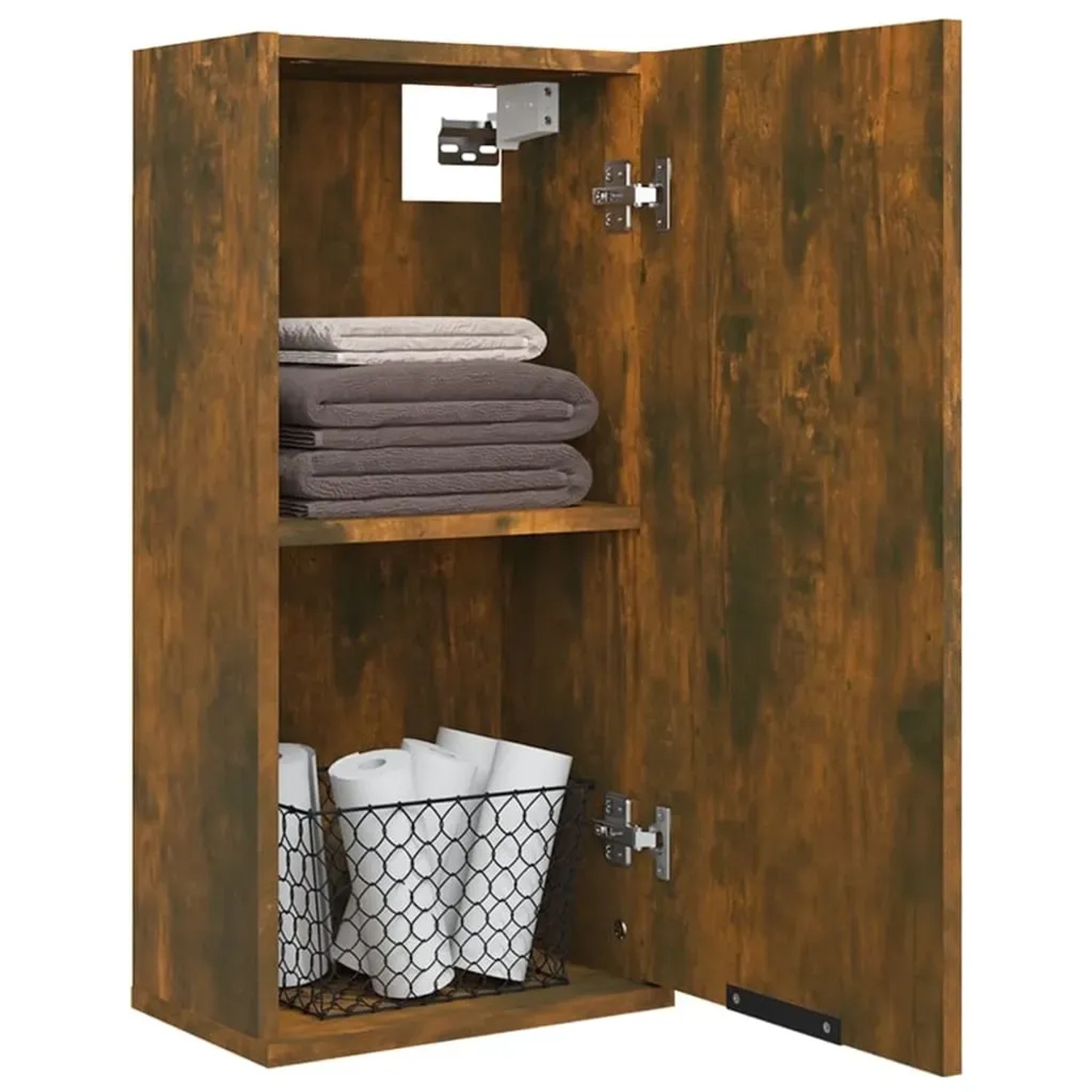 Offener Wand-Badschrank in Räuchereiche Optik mit Handtüchern und Toilettenpapier.