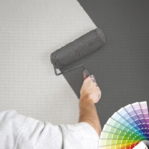 Überstreichen einer weißen Bricoflor Jute Vliestapete mit Farbroller und Farbfächer.