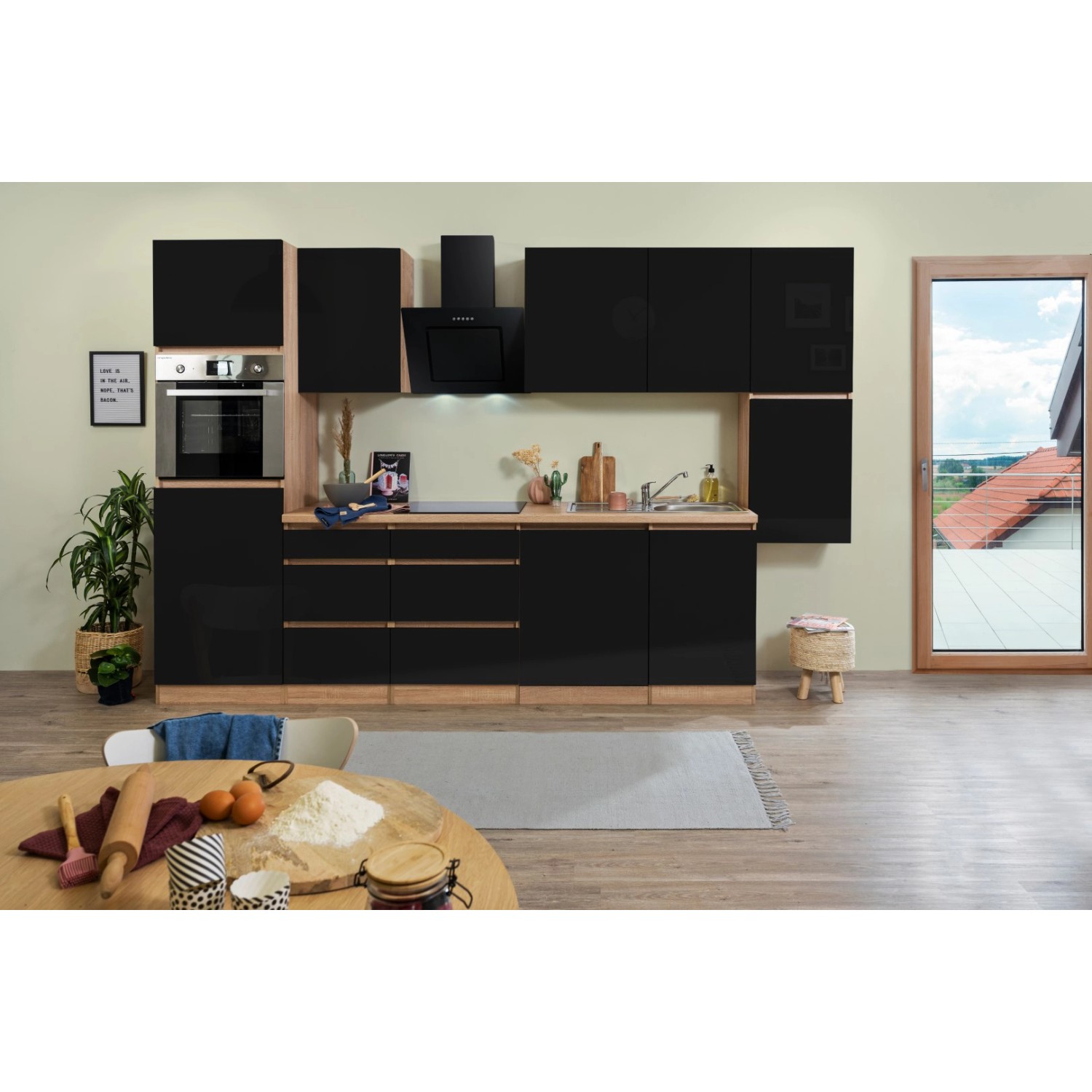 Respekta Küchenzeile/Küchenblock ohne E-Geräte 330 cm Grifflos Schwarz Hochgl.-Eiche Sägerau