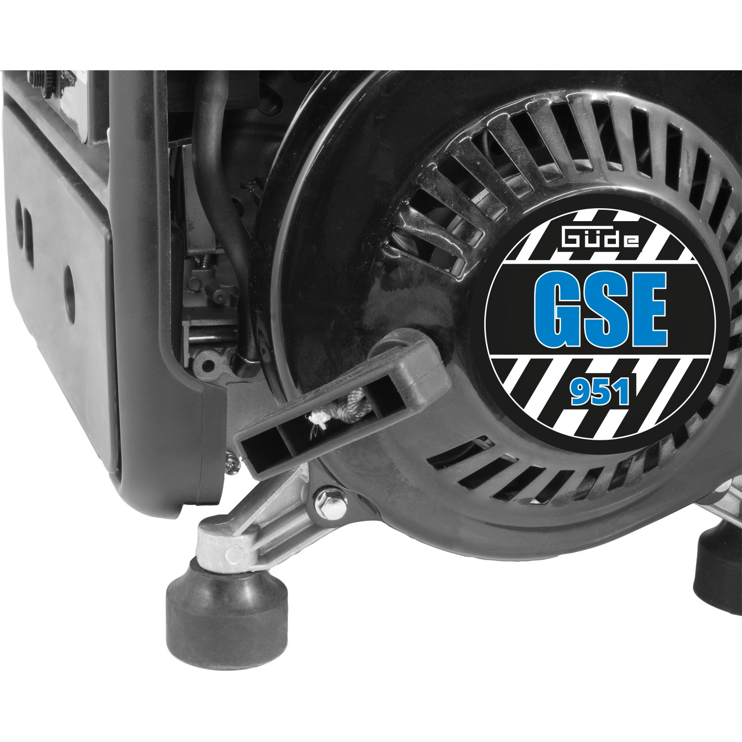 Detailaufnahme: Güde Stromerzeuger GSE 951 mit Reversierstarter und Gummifüßen.