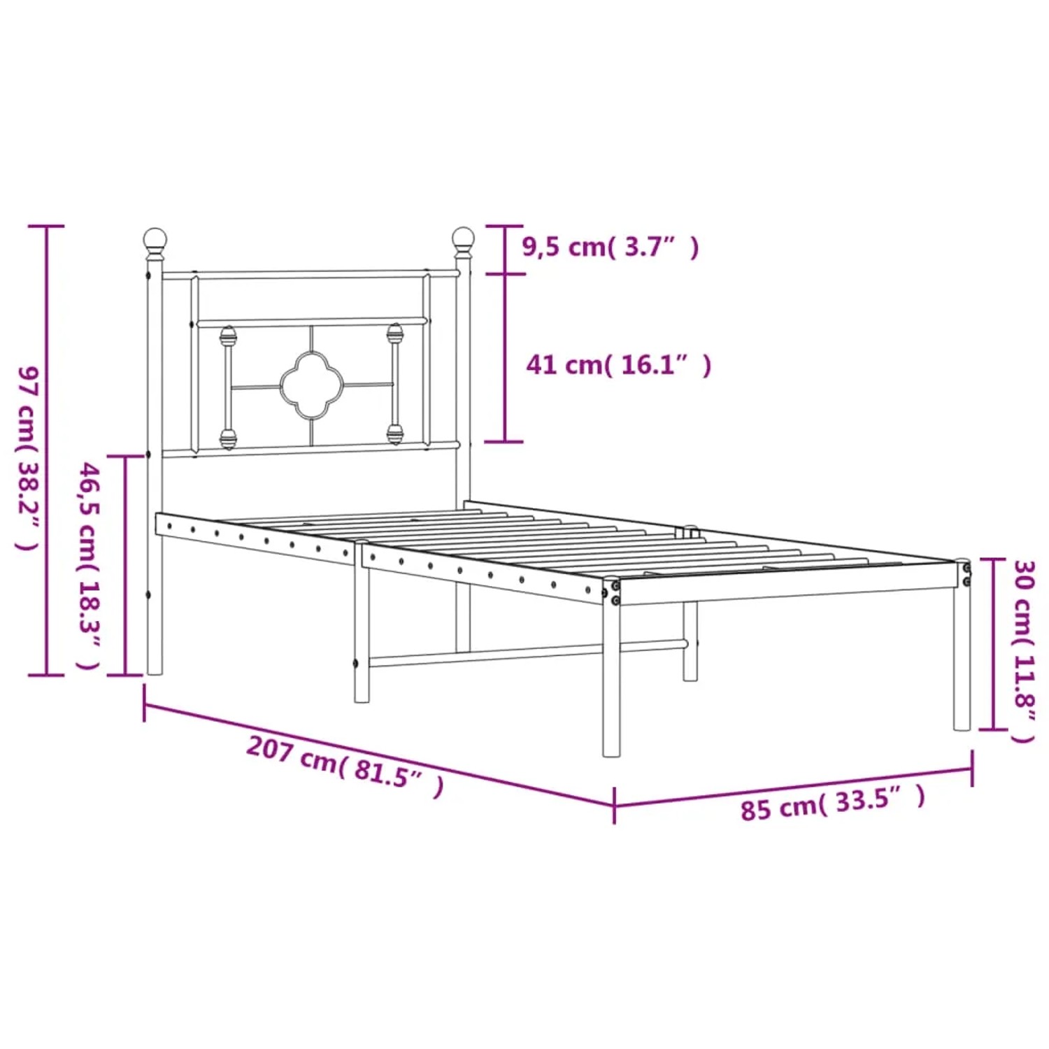 Schwarzes Metall Bettgestell 80x200 cm mit Kopfteil, vidaXL. Bettrahmen mit Lattenrost und Maßen.