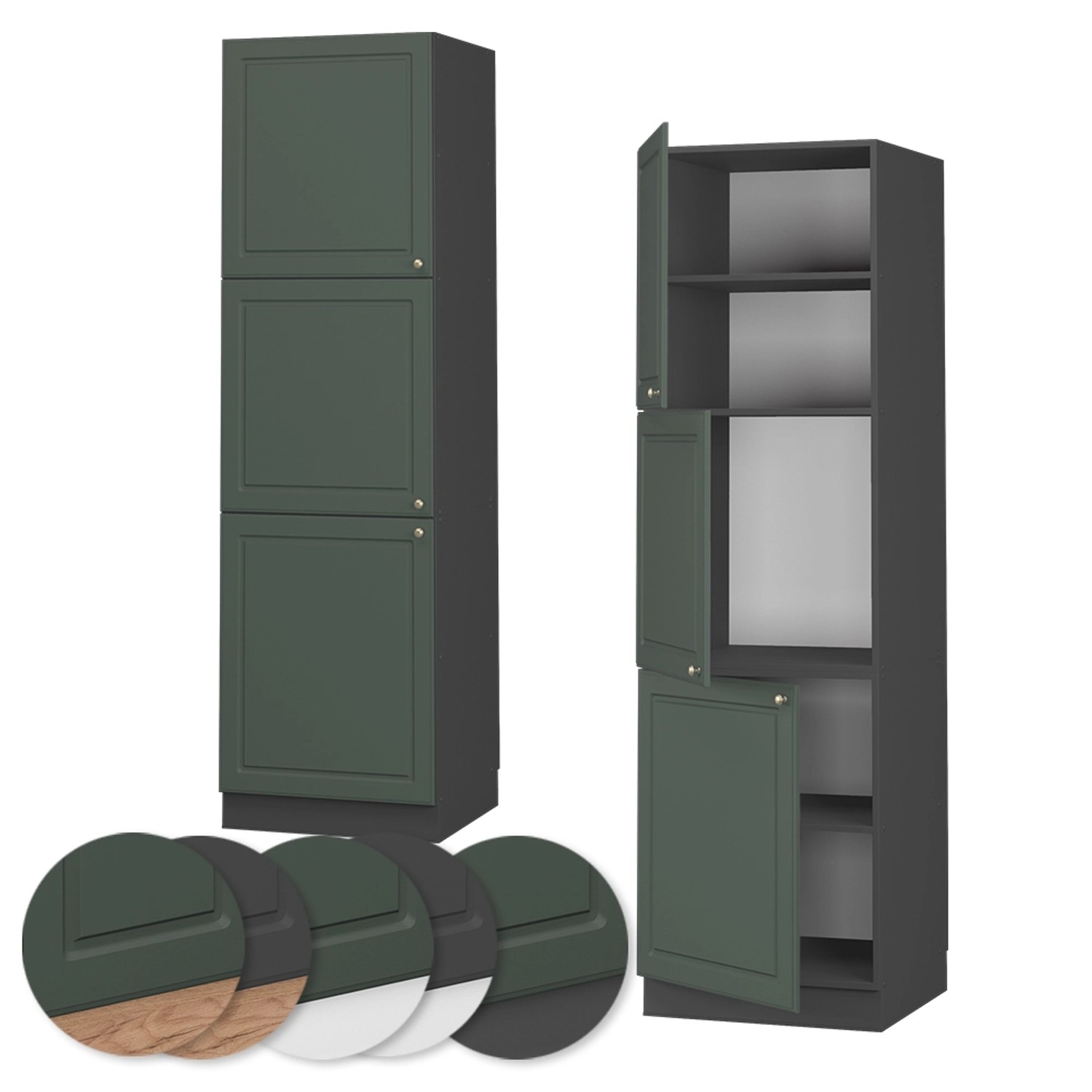 Vicco Herdumbauschrank Fame-Line, grün-gold/anthrazit, 60 cm breit. Küchenschrank mit geöffneten Türen.