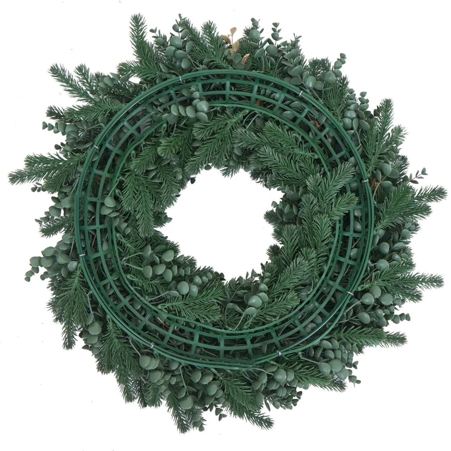 Künstlicher Kranz Ø 60cm, Rückseite mit grüner Gitterstruktur, Tannenzweigen und Eukalyptusblättern. Weihnachtsdekoration.