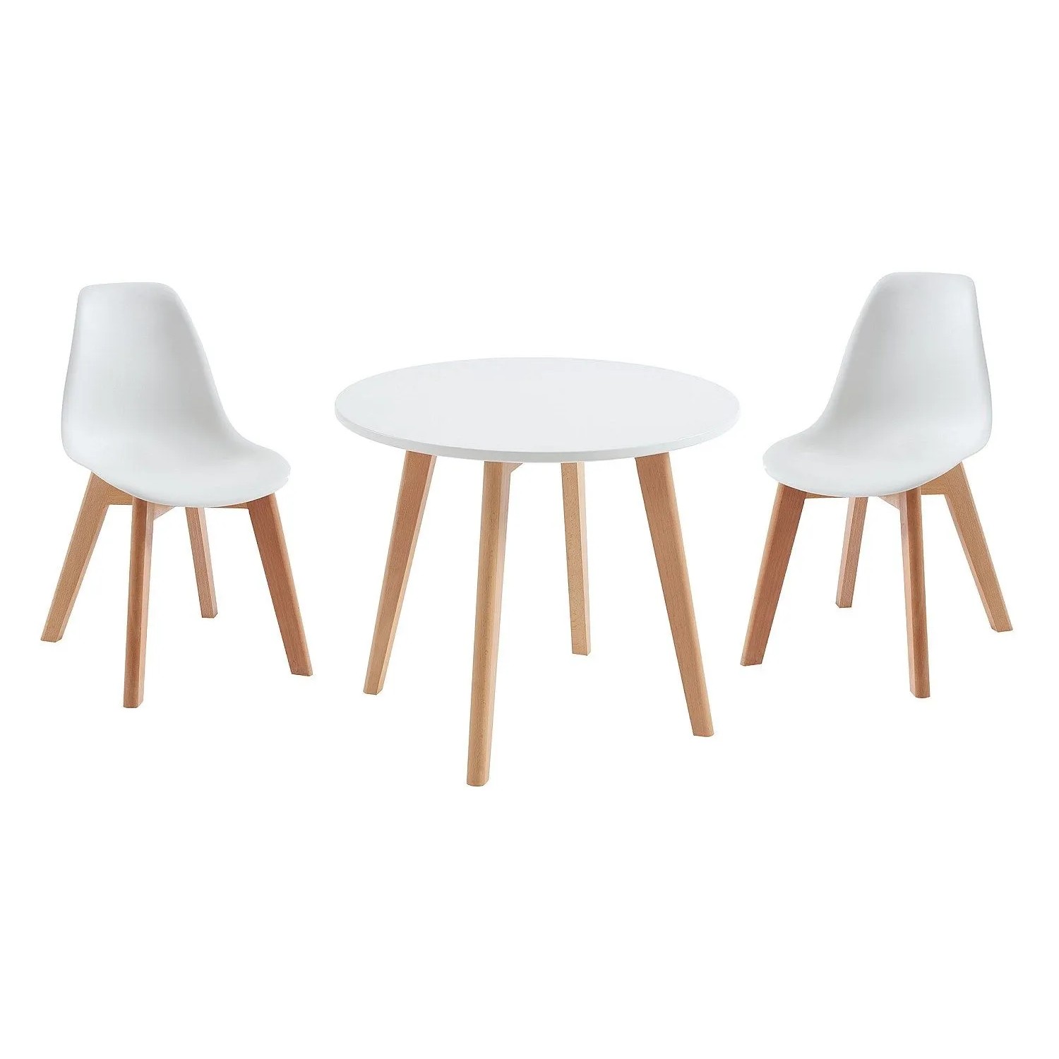 Weiße Kinder-Essgruppe Louloune: runder Tisch und 2 Stühle im skandinavischen Design, Holzbeine.