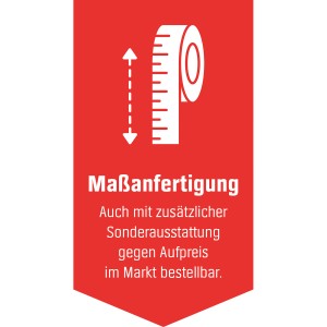 Symbol für Maßanfertigung von Haustüren mit Maßband auf rotem Grund.