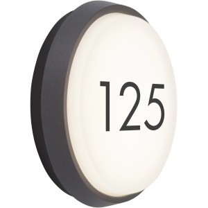 Runde AEG LED-Außenwandleuchte Letan in Anthrazit mit Hausnummer 125.