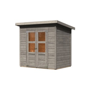 Vorvergrautes Karibu Gartenhaus Vellinge 3 mit Pultdach und Doppeltür mit Kunstglasfenstern.