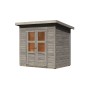 Vorvergrautes Karibu Gartenhaus Vellinge 3 mit Pultdach und Doppeltür mit Kunstglasfenstern.