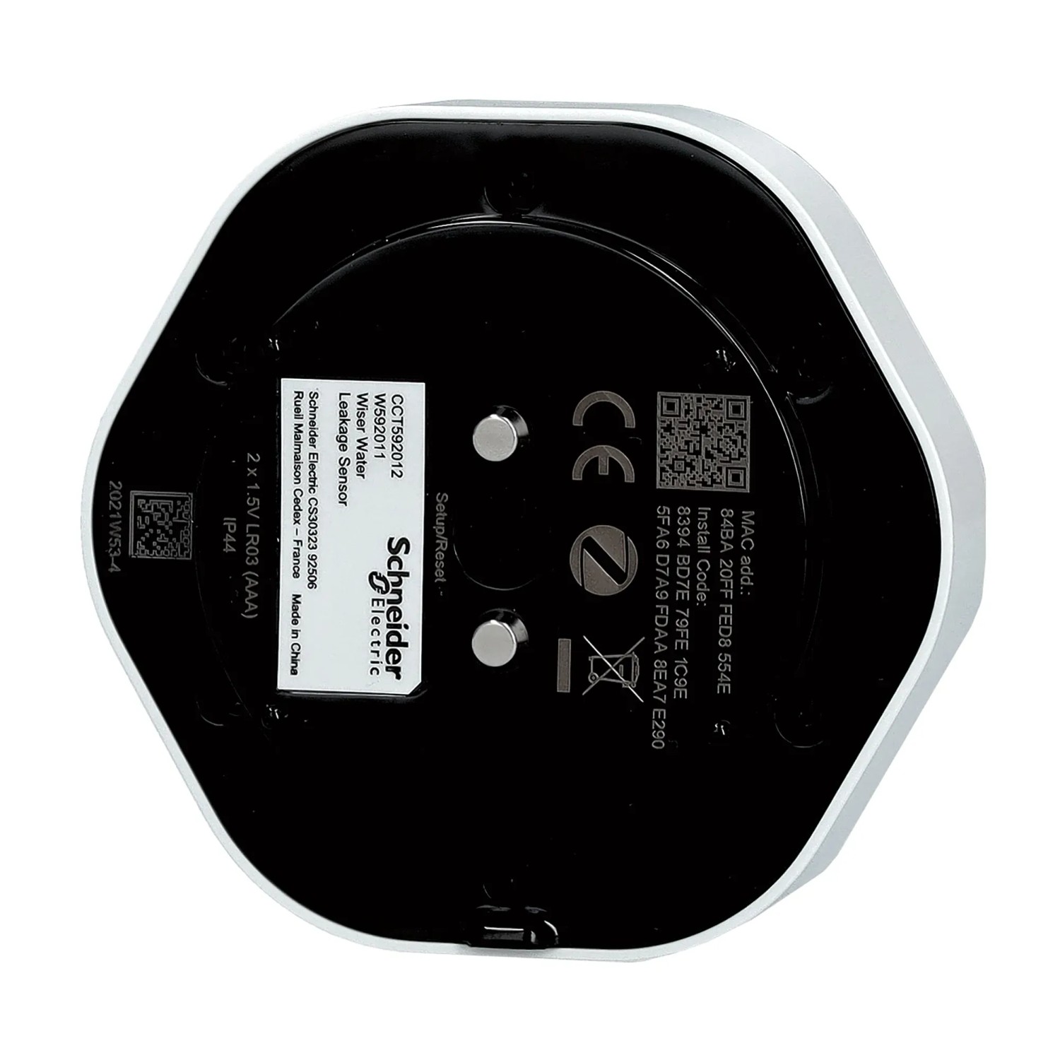 Schneider Electric Wiser Wassersensor CCT592012, Unterseite mit Details und Zertifizierungen.