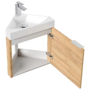 Posseik Eckbadmöbel Delta Slimline, Eiche Gold, mit offenstehender Tür und weißem Waschbecken.