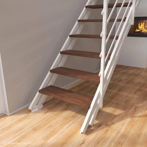 Treppen Intercon Raumspartreppe London Stahlwangentreppe Polar-Weiß mit Stufenbreite 70 cm Buche Dunkel Beidseitiges Geländer 12 Stufen