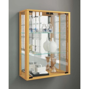 Wandhängende Vitrine Udina mit Spiegel, Glastüren und LED-Beleuchtung im Buche Dekor.