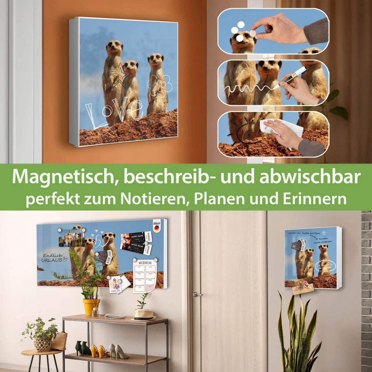 Banjado Großer Schlüsselkasten Metall 30x30cm Weiß Scharnier Links 50 Haken Beschreibbar Magnetisch Motiv Erdmännchenfamilie
