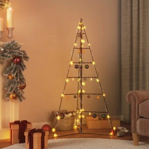 Schwarzer Metall-Weihnachtsbaum (140 cm) mit Lichterkette und Deko-Elementen.