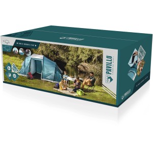 Verpackung des Pavillo Family Ground 6 Zeltes für 6 Personen. Campingzubehör mit großem Zelt.