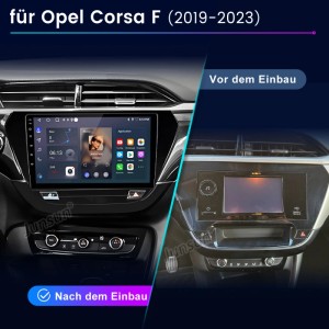 Junsun Autoradio im Opel Corsa F (2019-2023). Vorher-Nachher-Ansicht mit großem Touchscreen für Navigation & Apps.