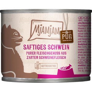 MjAMjAM Katzen-Nassfutter Saftiges Schwein pur, 200g Dose mit Katze und Futter.