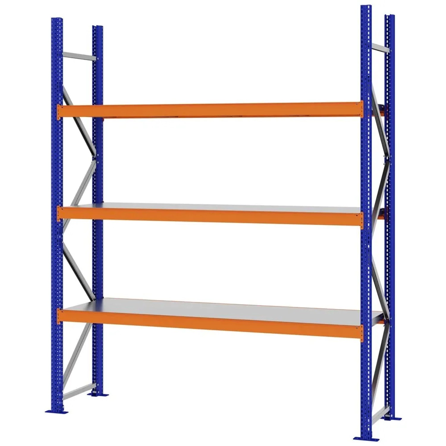 PROREGAL Weitspannregal Schraub-Stecksystem MAGNUS PRO Made In Germany Grundregal 250x200x50cm 3 Ebenen Stahlböden Fachlast 600kg Blau/Orange