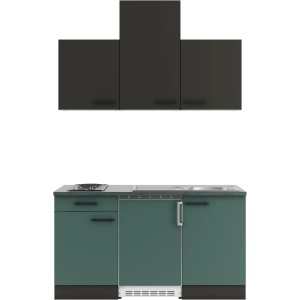 Optifit Miniküche in Anthrazit/Steingrün mit Kochfeld, Spüle und Kühlschrank. Kompakte Einbauküche 150 cm.