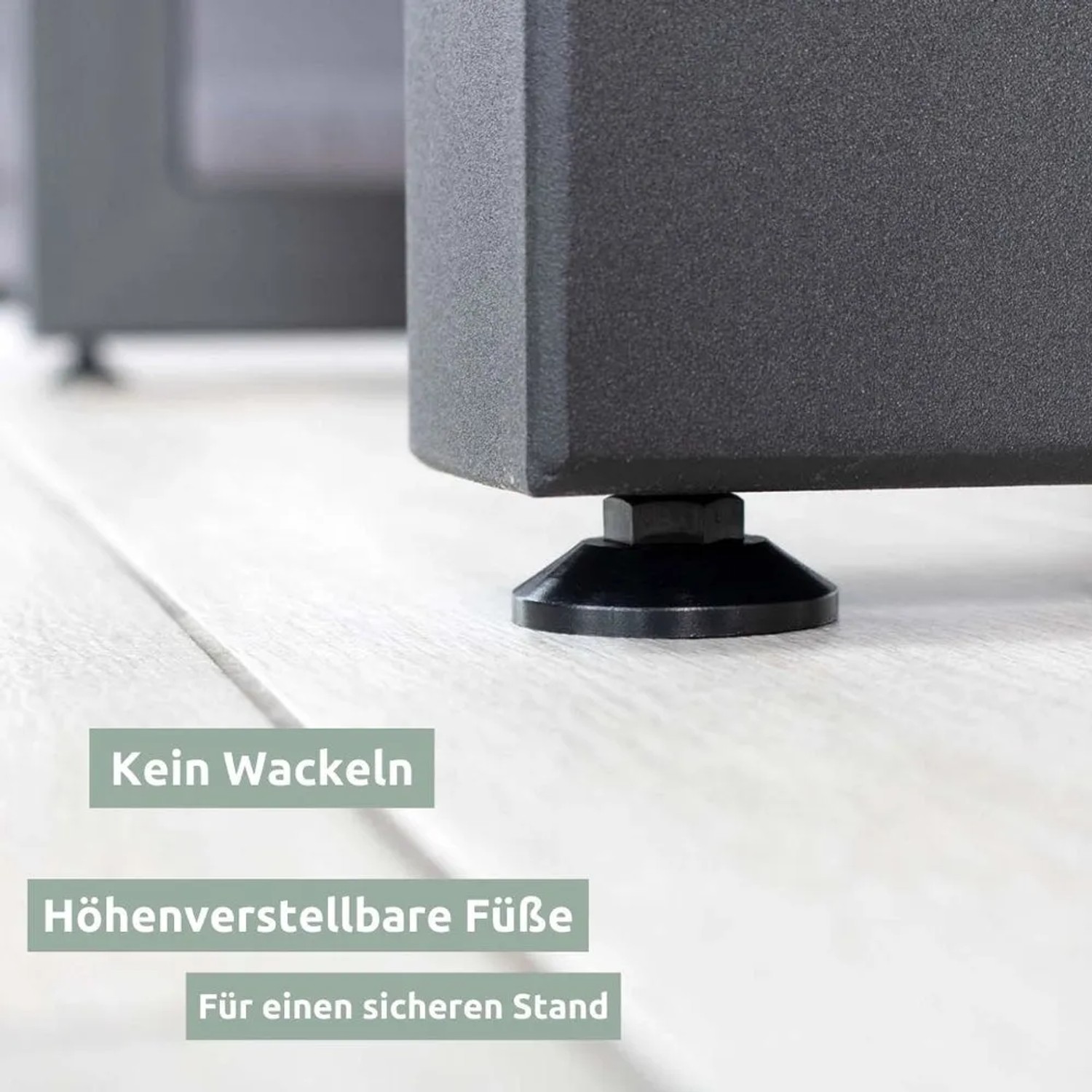 Detailaufnahme: Schwarzes Metall Tischgestell mit höhenverstellbaren Füßen für Esstisch.