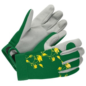 Grüne LUX Gartenhandschuhe in Größe M mit floralem Muster.