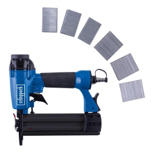 Scheppach Druckluft Nagel- und Klammergerät, blau/schwarz, mit Klammern.
