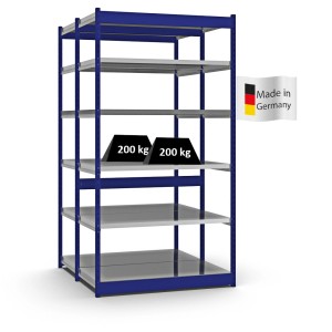 Blaues PROREGAL Fachbodenregal Stecksystem, 250x132,5x60 cm, mit 6 Ebenen und Gewichten.