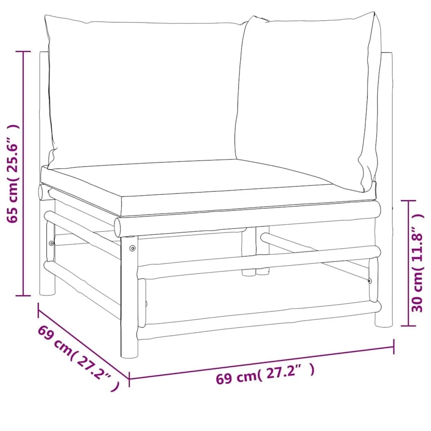 vidaXL Garten-Ecksofa Modul aus Bambus mit taupe Kissen, Maße 69x69x65 cm. Robustes Gartenmöbel.