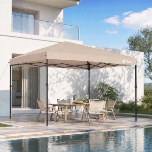 Beiger Sekey Faltpavillon 300x300 cm auf Terrasse am Pool. Höhenverstellbarer Pop Up Pavillon mit UV Schutz.