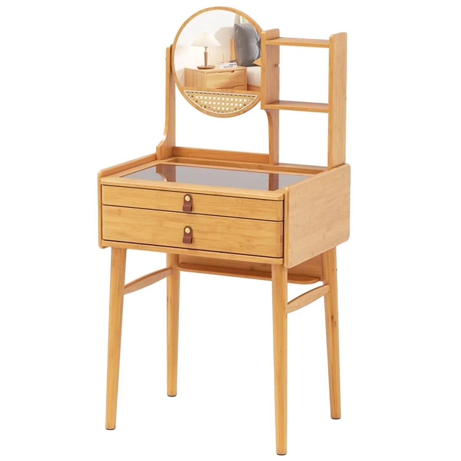 Costway Schminktisch Bambus mit Glas Tischplatte 60 x 46,5 x 122 cm