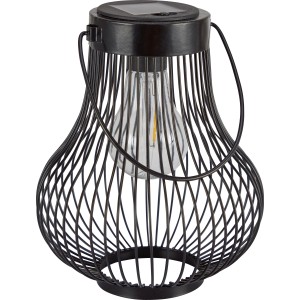 Schwarze LED Solar-Laterne mit filigranem Metallgestell für Garten und Terrasse.