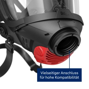Dräger FPS 7000 Atemschutzmaske, schwarz, mit rotem Ausatemventil und vielseitigem Gewindeanschluss für Atemschutz.