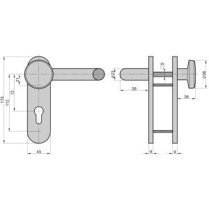 Technische Zeichnung: Basi Feuerschutz-Beschlag ZT/FS 2100, Kurzschild, Edelstahl, Maße und Details.