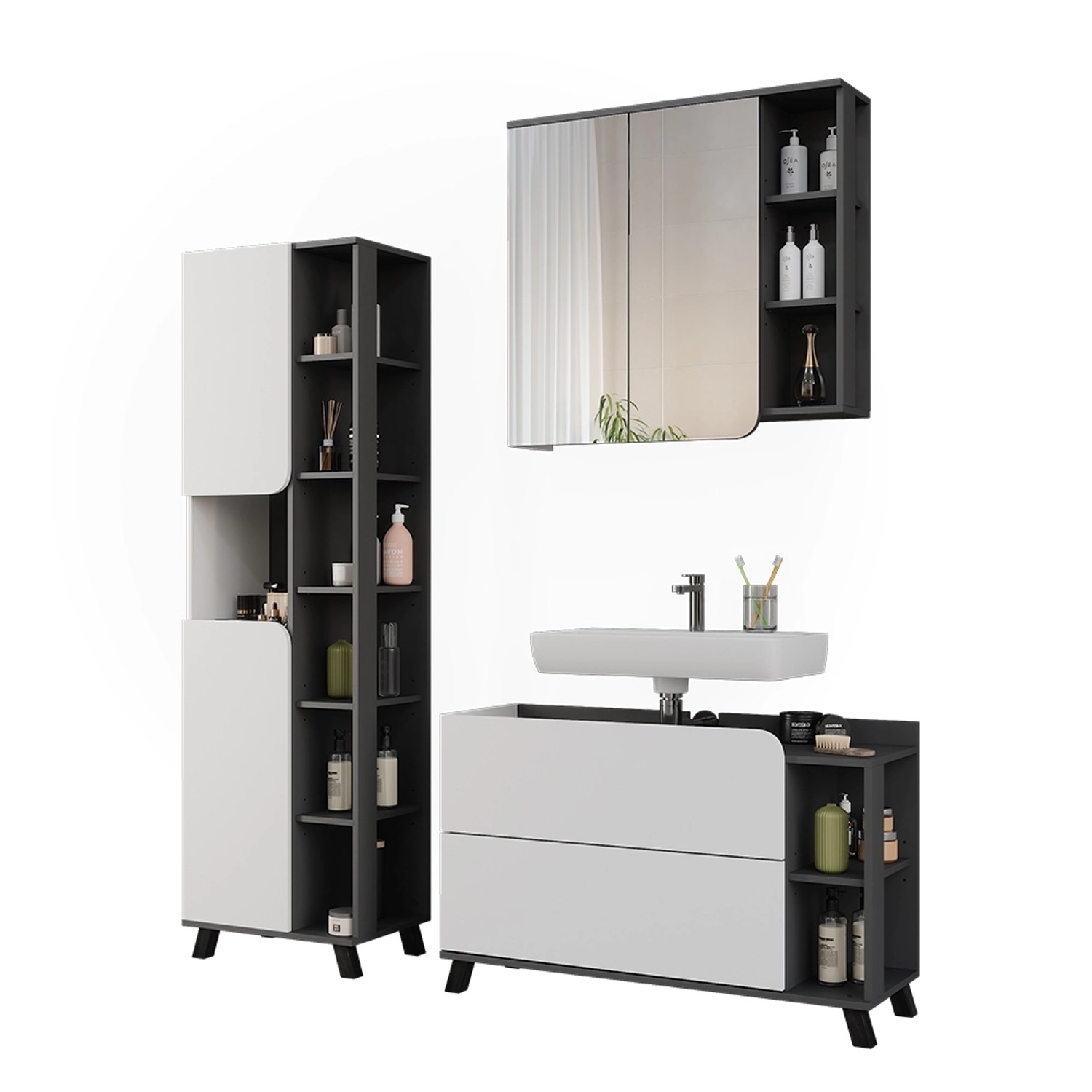 Vicco Badmöbel-Set Karen in Anthrazit/Weiß, 3-teilig: Waschbeckenunterschrank, Spiegelschrank, Hochschrank.