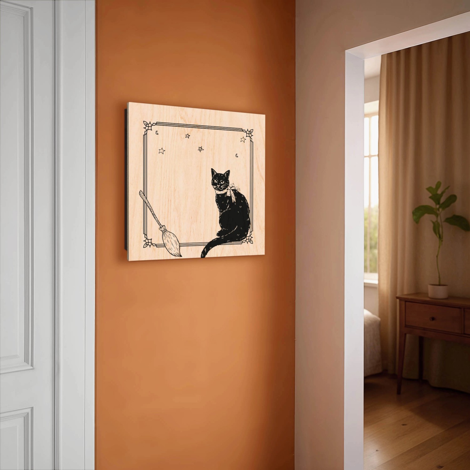 Banjado Schlüsselkasten mit Hexenkater-Motiv, 30x30cm, 50 Haken. Schlüsselbox aus Holz, Scharnier rechts.