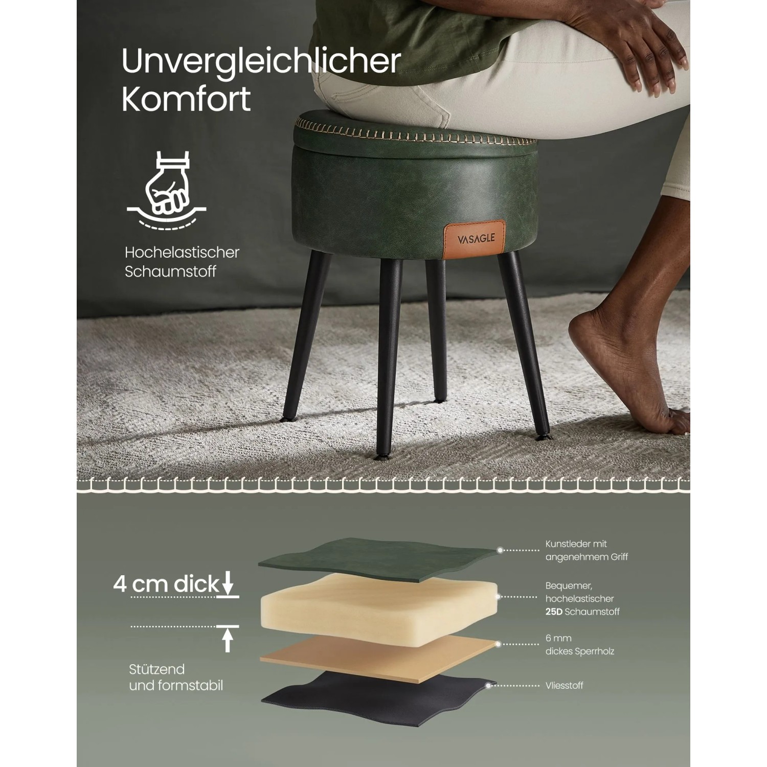 Vasagle Sitzhocker Waldgrün, Ø 32cm, mit Stauraum und schwarzen Stahlbeinen.