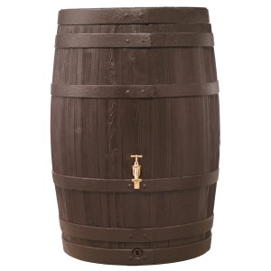 Dunkelbraune Garantia Regentonne Barrica 420 l in Holzfass-Optik mit goldenem Wasserhahn.